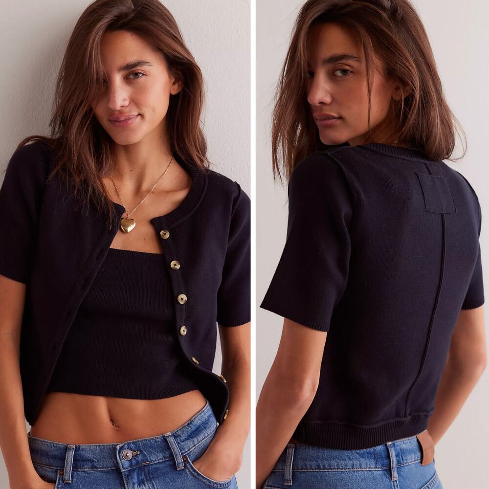 FREE PEOPLE NY Twosie Short Sleeve Cardigan Top in Black Size Medium
